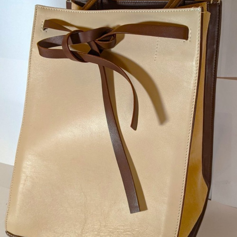 Vince Camuto - Leather Drawstring Tote Bag - Tan & Brown - Authentic - Pre-Owned